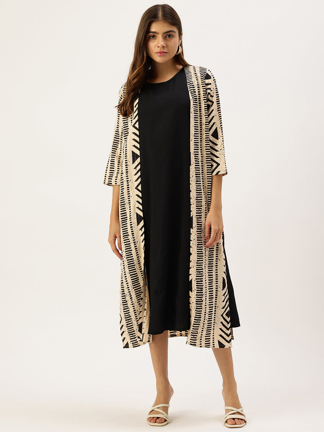 Black Geometric Printed Midi Dress With Beige Shrug