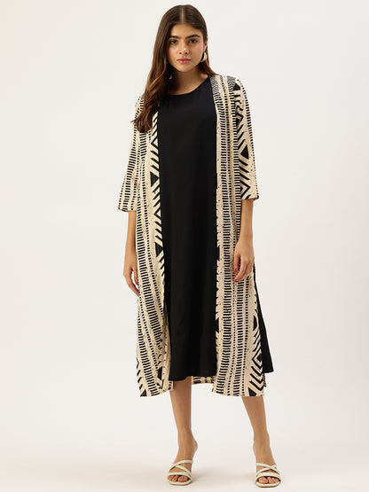 Black Geometric Printed Midi Dress With Beige Shrug