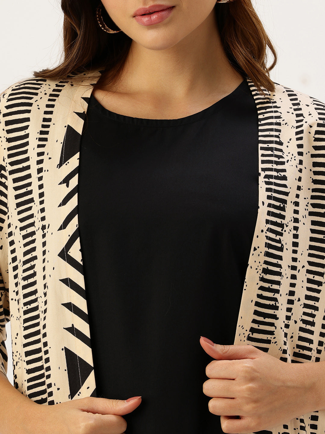 Black Geometric Printed Midi Dress With Beige Shrug
