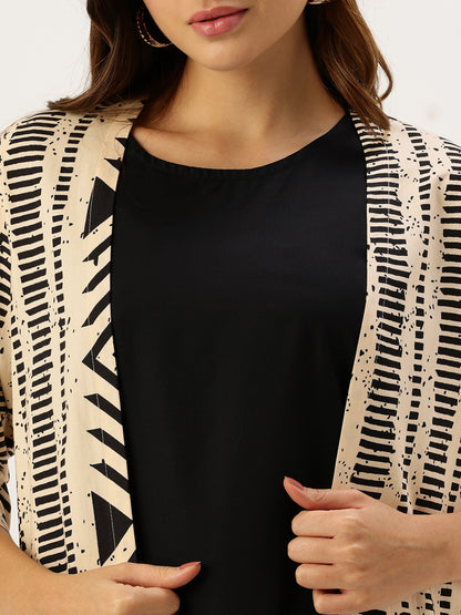 Black Geometric Printed Midi Dress With Beige Shrug