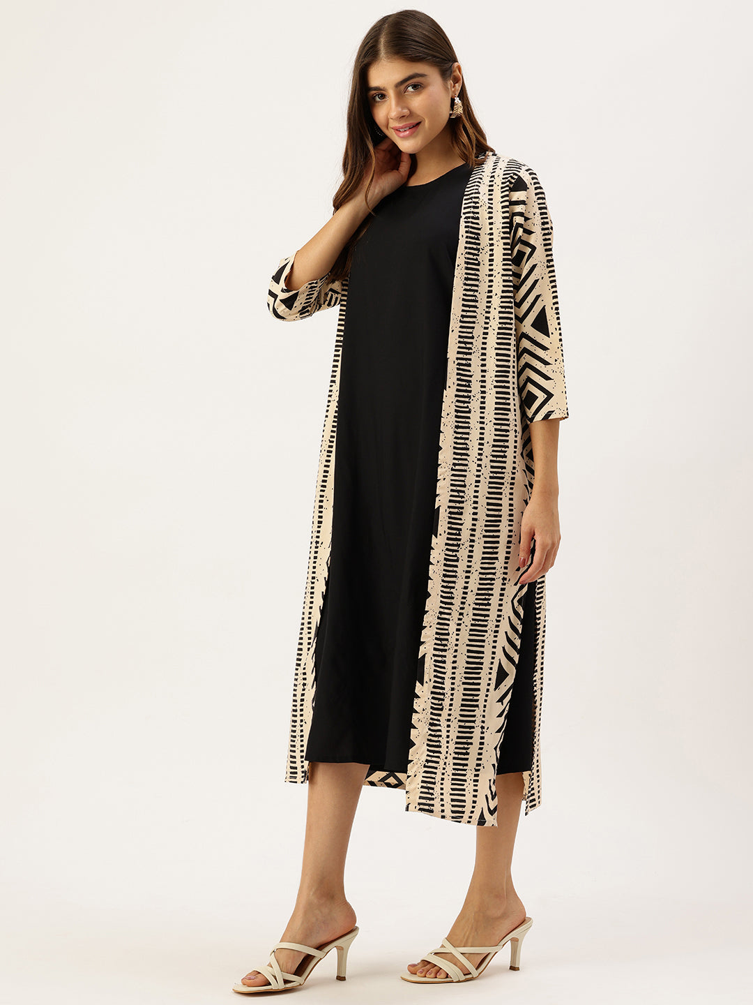 Black Geometric Printed Midi Dress With Beige Shrug
