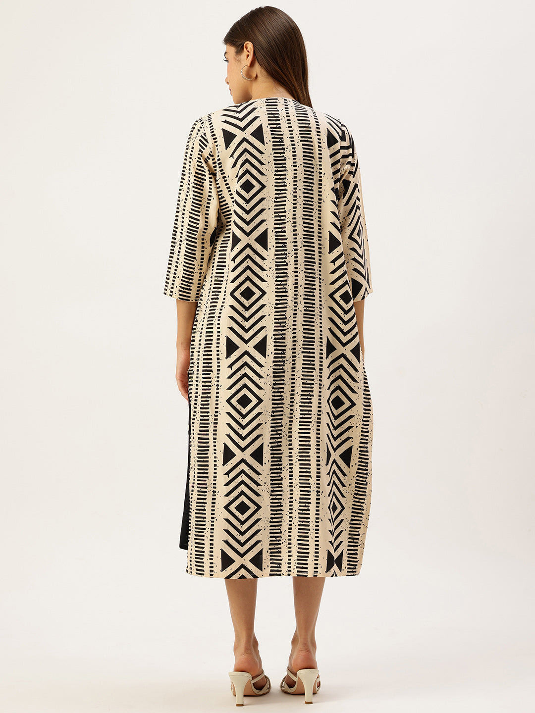 Black Geometric Printed Midi Dress With Beige Shrug