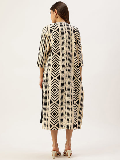 Black Geometric Printed Midi Dress With Beige Shrug
