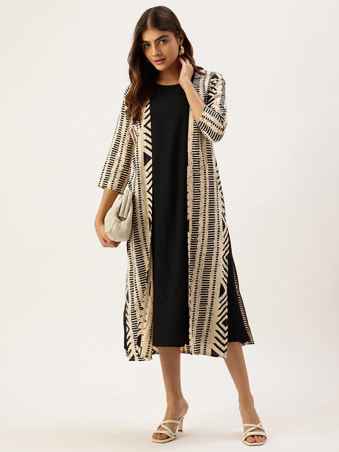 Black Geometric Printed Midi Dress With Beige Shrug