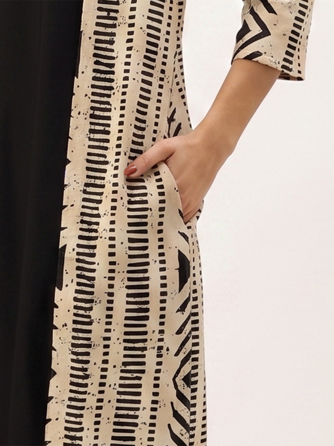 Black Geometric Printed Midi Dress With Beige Shrug