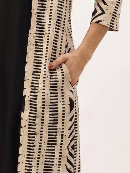 Black Geometric Printed Midi Dress With Beige Shrug