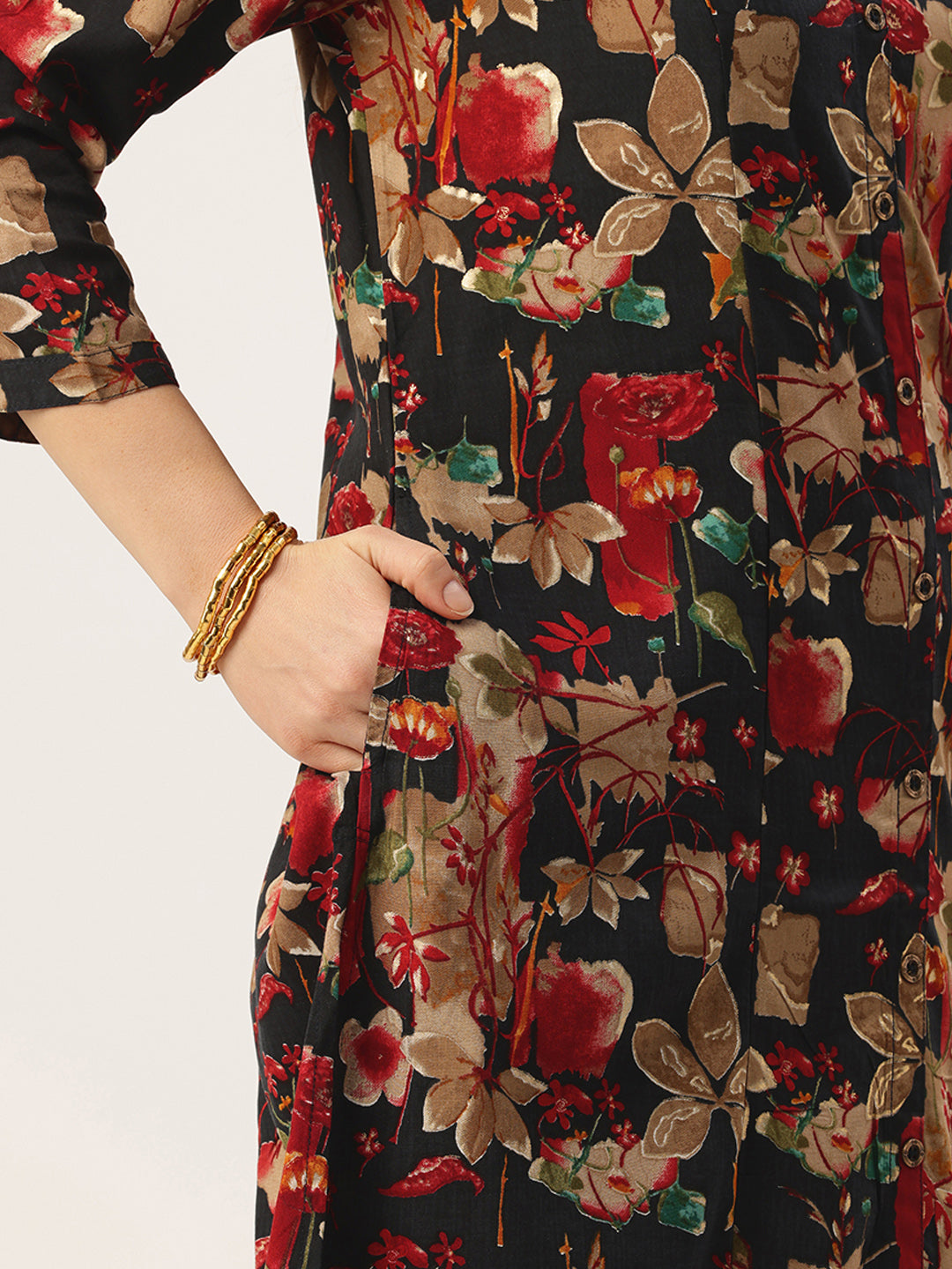 Black V - Neck Floral Printed A - Line Kurta