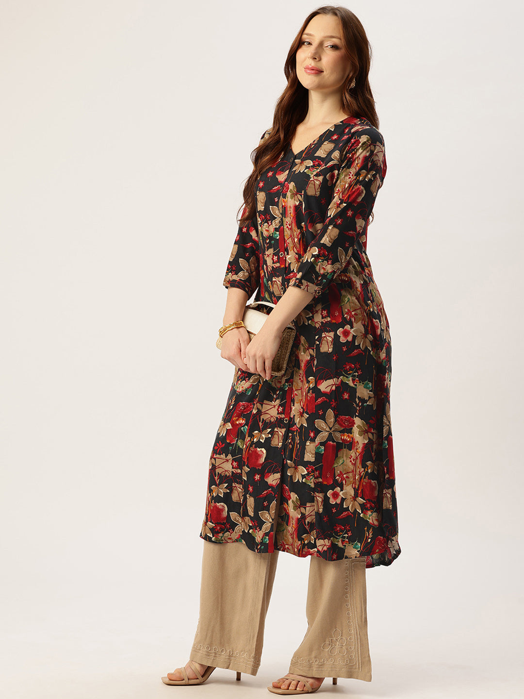Black V - Neck Floral Printed A - Line Kurta