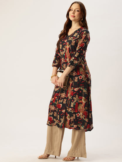 Black V - Neck Floral Printed A - Line Kurta