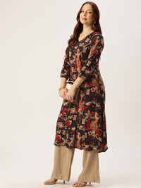 Black V - Neck Floral Printed A - Line Kurta