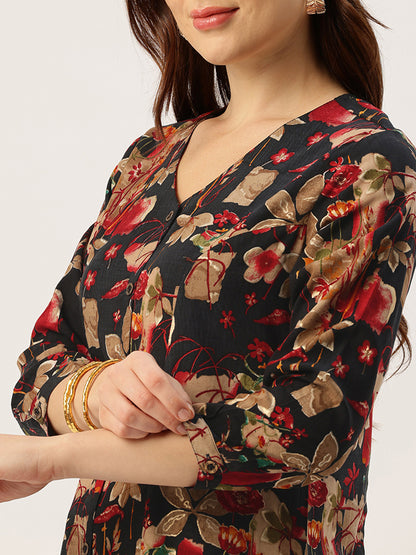 Black V - Neck Floral Printed A - Line Kurta