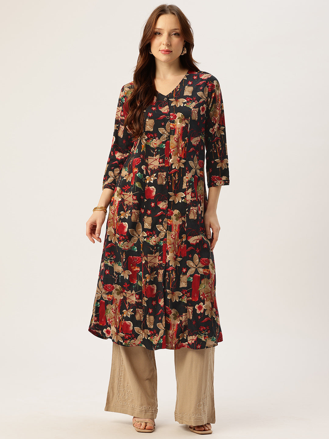 Black V - Neck Floral Printed A - Line Kurta