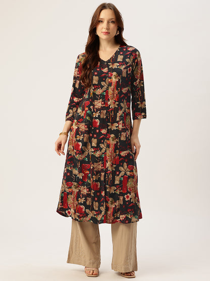 Black V - Neck Floral Printed A - Line Kurta