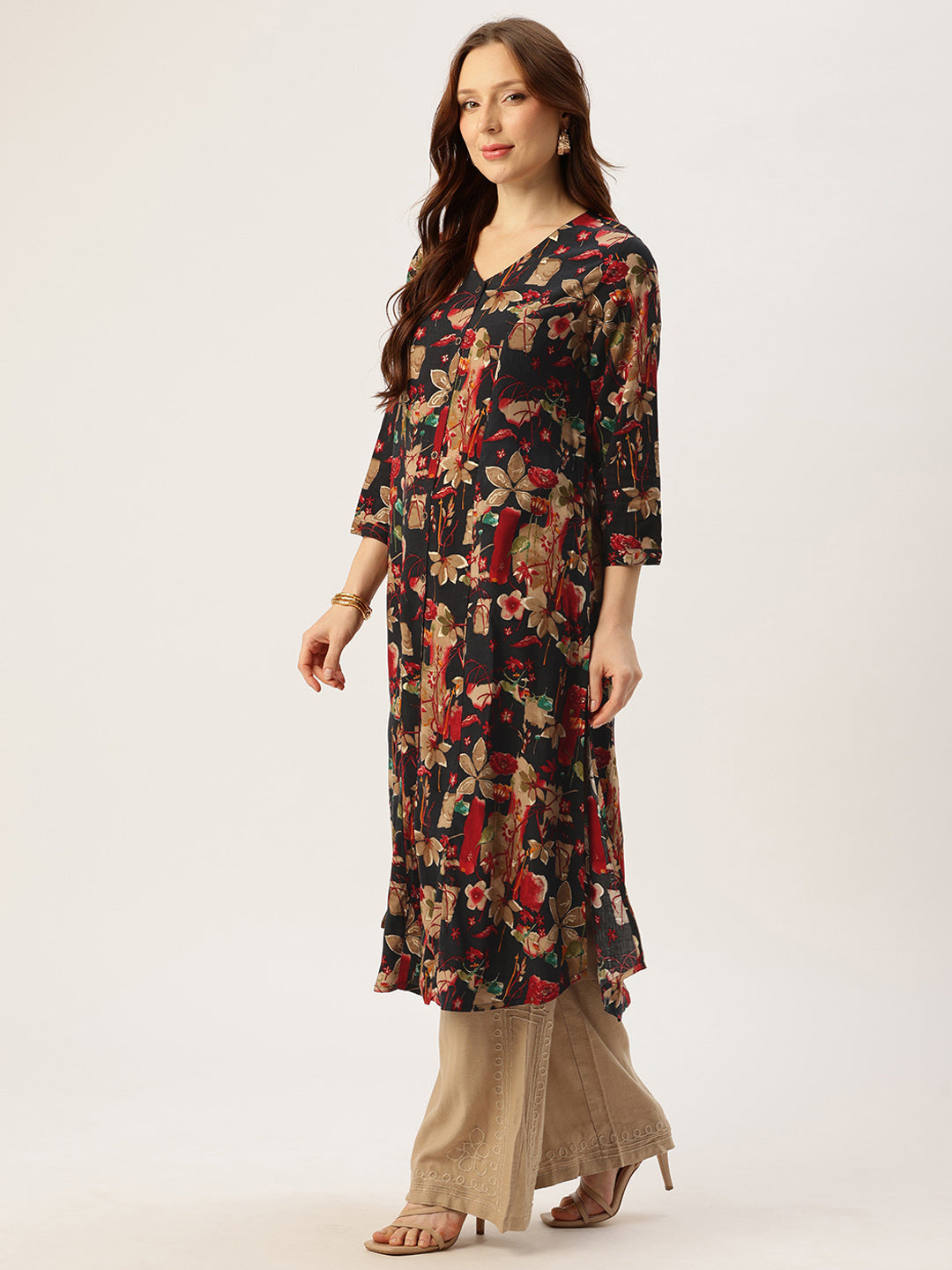 Black V - Neck Floral Printed A - Line Kurta