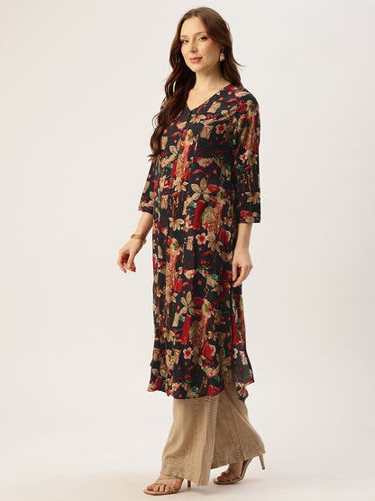 Black V - Neck Floral Printed A - Line Kurta
