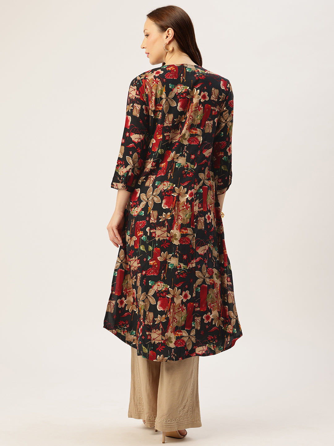 Black V - Neck Floral Printed A - Line Kurta