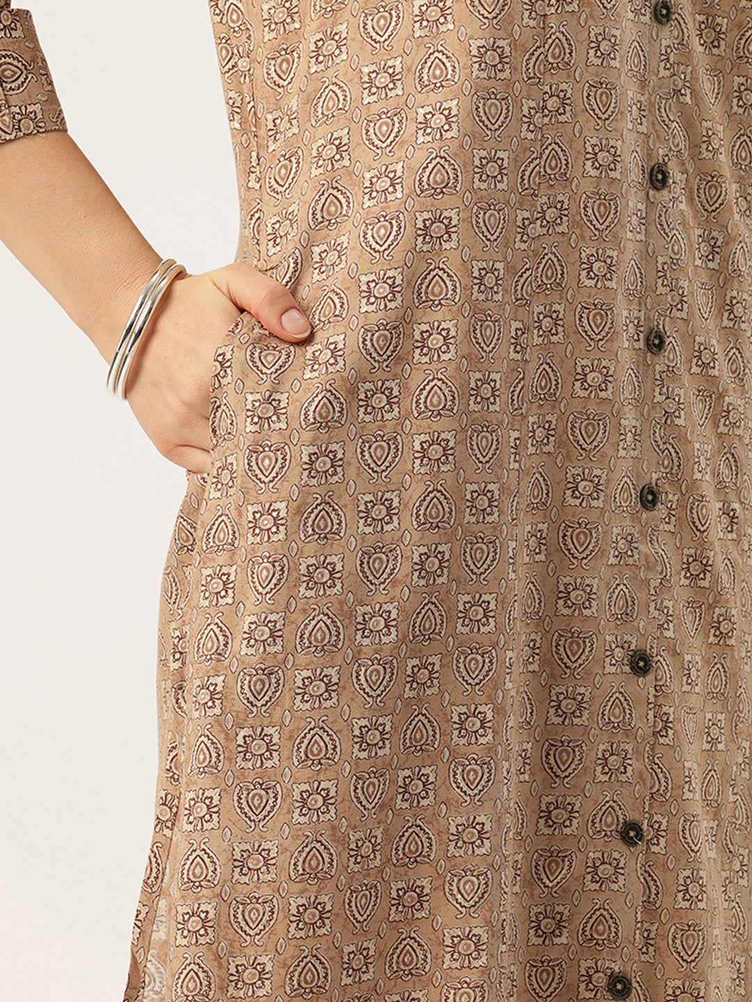 Beige With Black Geometric V - Neck A - Line Kurta