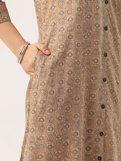 Beige With Black Geometric V - Neck A - Line Kurta