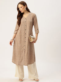Beige With Black Geometric V - Neck A - Line Kurta