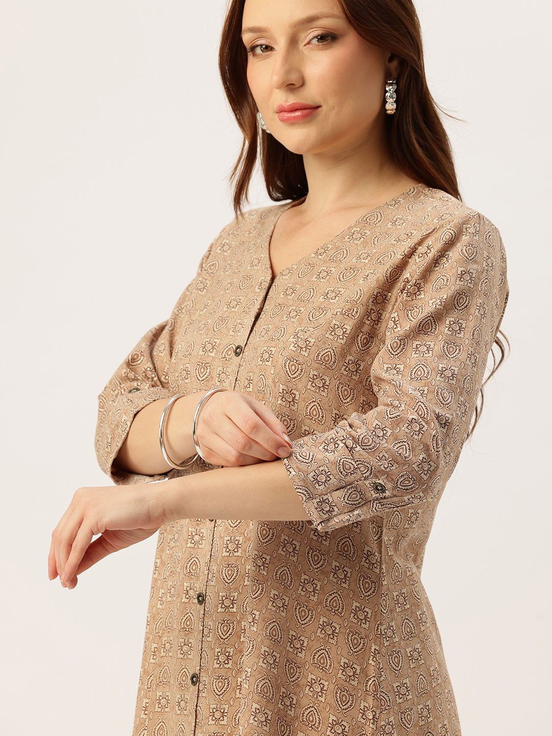 Beige With Black Geometric V - Neck A - Line Kurta