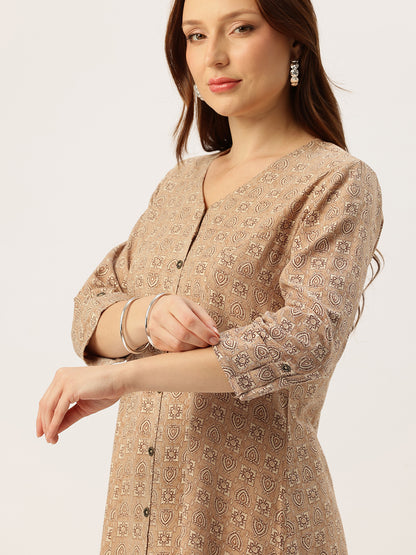 Beige With Black Geometric V - Neck A - Line Kurta