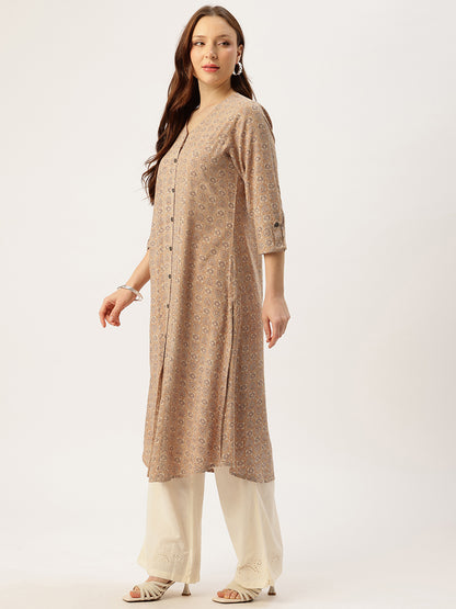 Beige With Black Geometric V - Neck A - Line Kurta