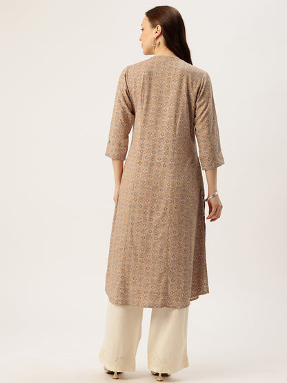 Beige With Black Geometric V - Neck A - Line Kurta