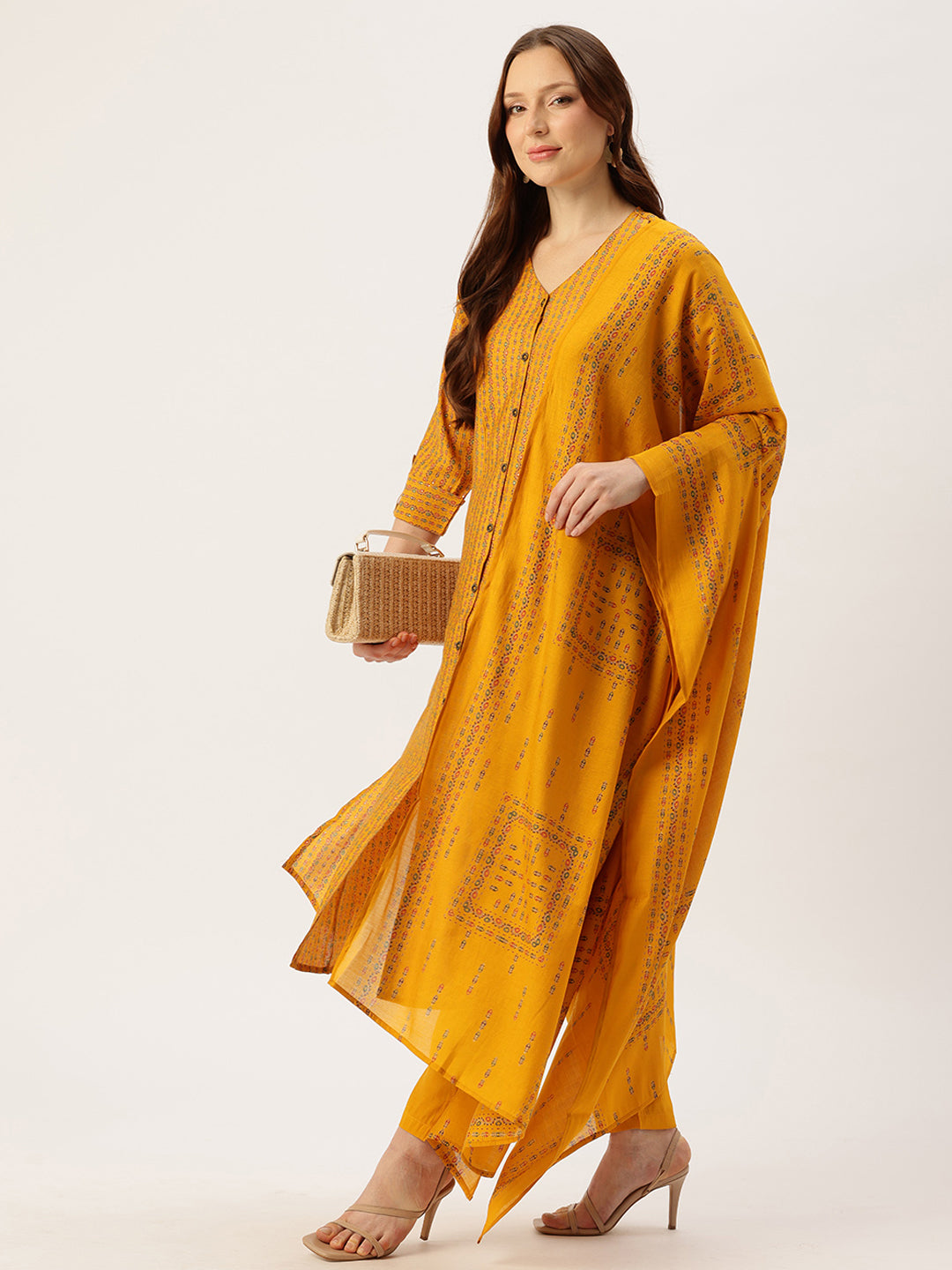 Yellow V-Neck Striped Printed Kurta & Trousers With Dupatta