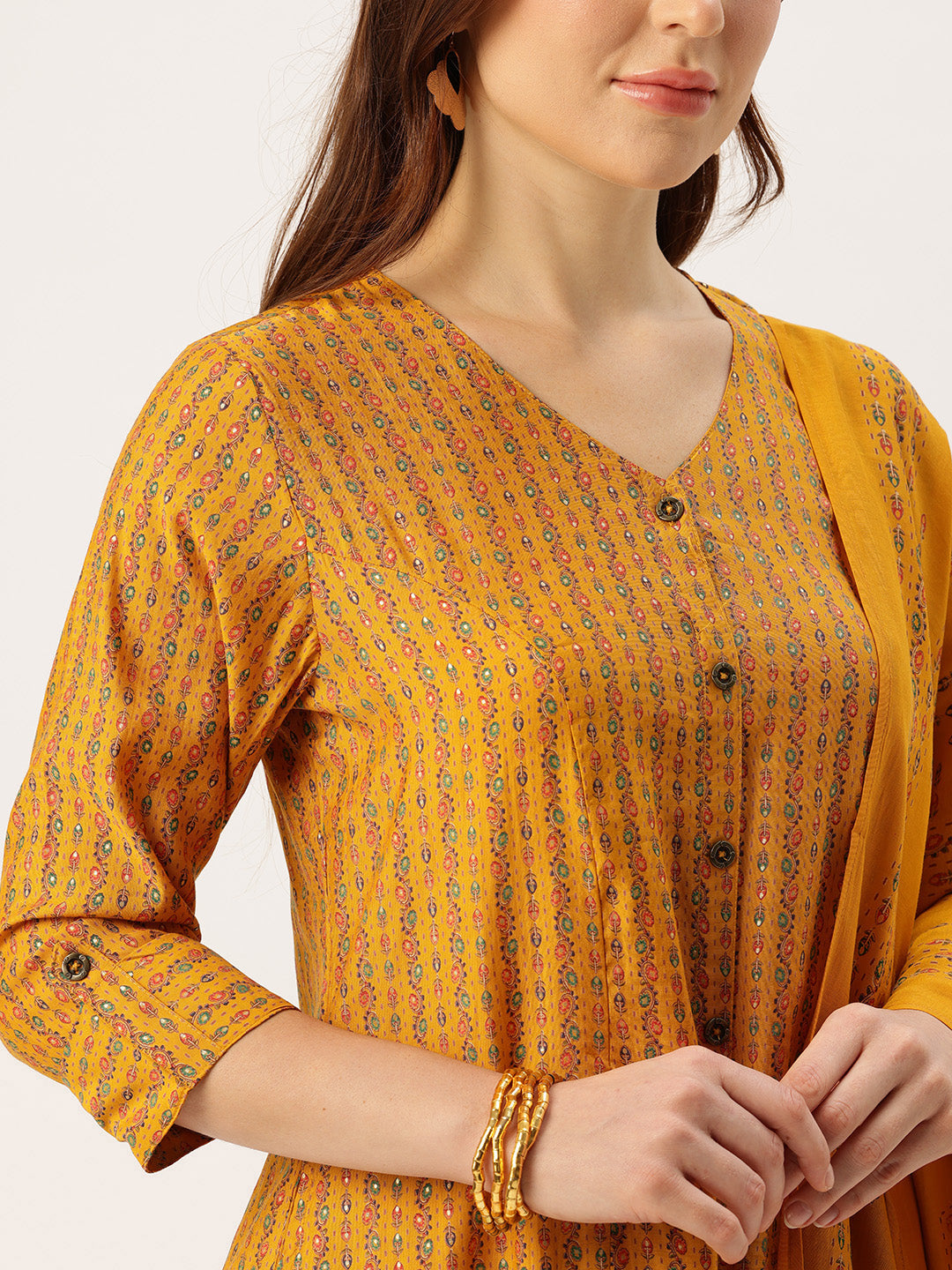 Yellow V-Neck Striped Printed Kurta & Trousers With Dupatta
