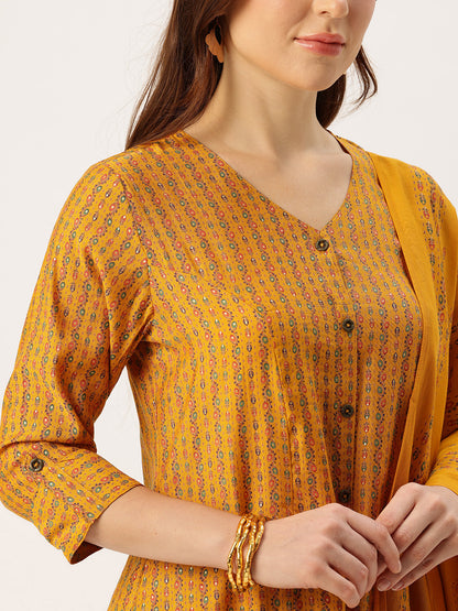 Yellow V-Neck Striped Printed Kurta & Trousers With Dupatta