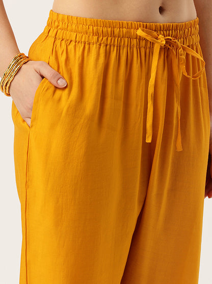 Yellow V-Neck Striped Printed Kurta & Trousers With Dupatta