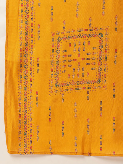 Yellow V-Neck Striped Printed Kurta & Trousers With Dupatta