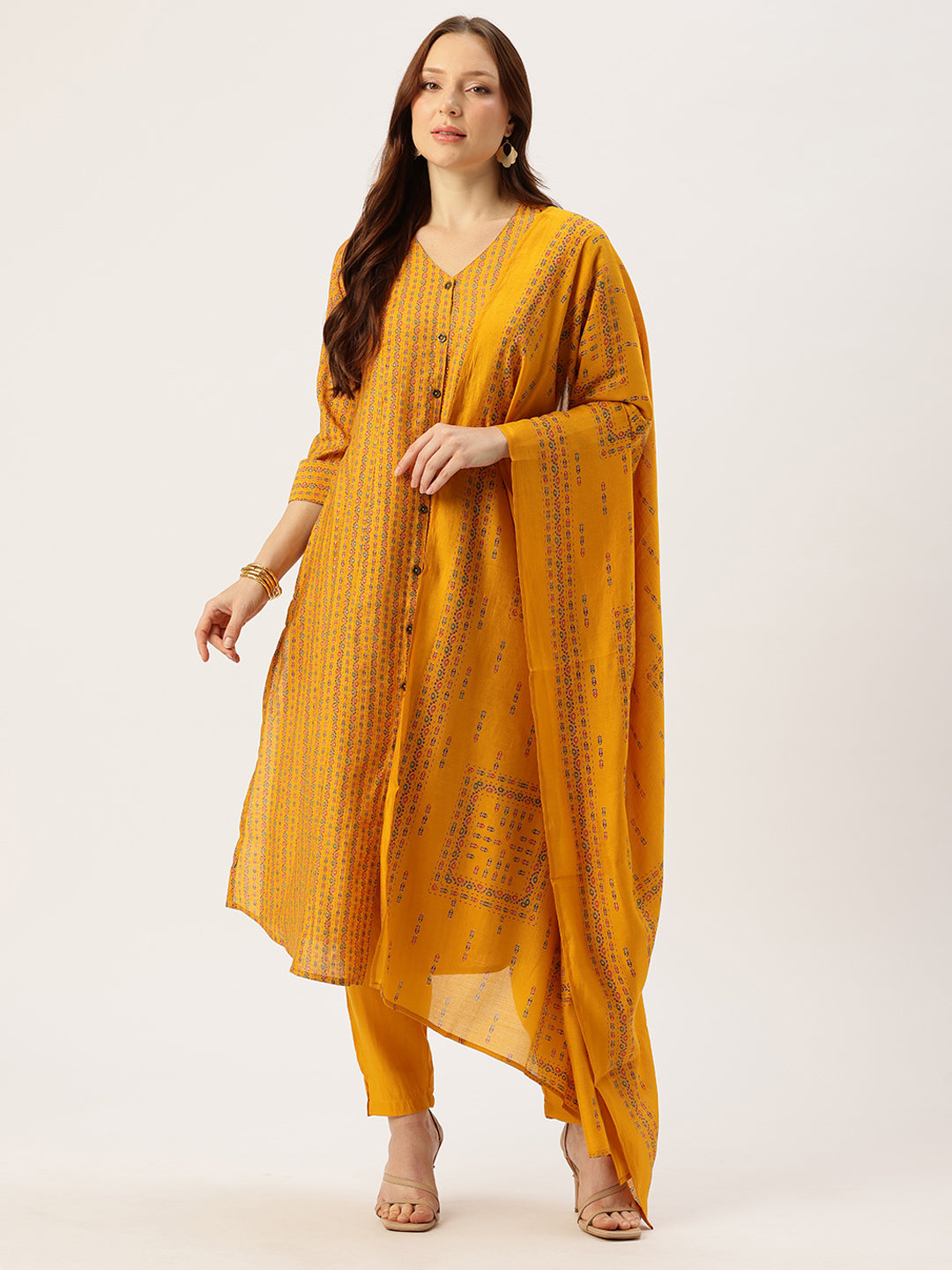 Yellow V-Neck Striped Printed Kurta & Trousers With Dupatta, V-Neck Kurta Dupatta Set, Striped Printed Kurta Dupatta Set