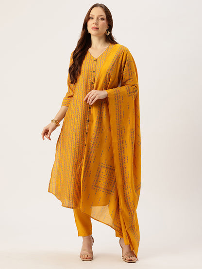 Yellow V-Neck Striped Printed Kurta & Trousers With Dupatta, V-Neck Kurta Dupatta Set, Striped Printed Kurta Dupatta Set