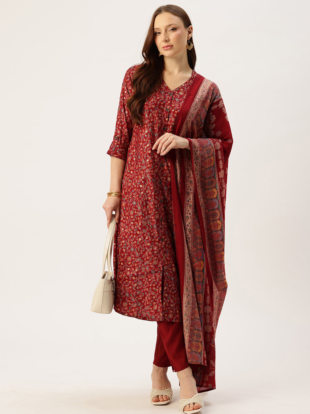 Maroon V-Neck Floral Printed Kurta & Trousers With Dupatta