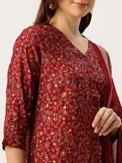 Maroon V-Neck Floral Printed Kurta & Trousers With Dupatta, Maroon, V Neck, Kurta Dupatta Set, Printed Kurta Dupatta Set