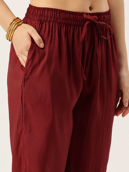 Maroon V-Neck Floral Printed Kurta & Trousers With Dupatta
