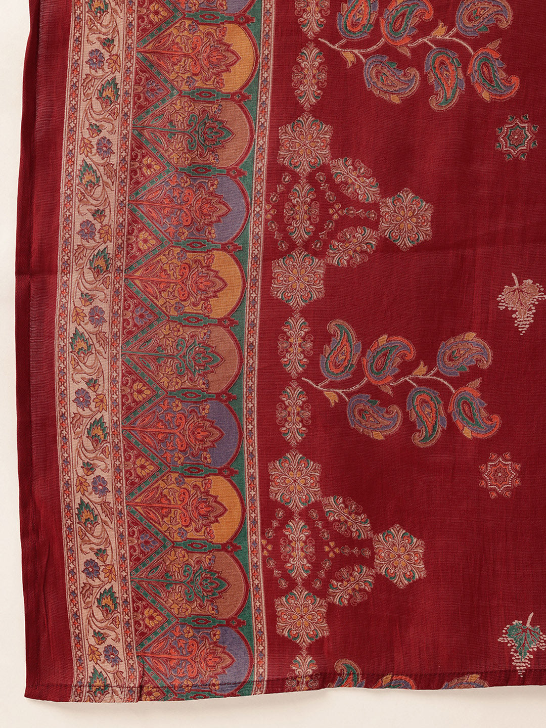 Maroon V-Neck Floral Printed Kurta & Trousers With Dupatta