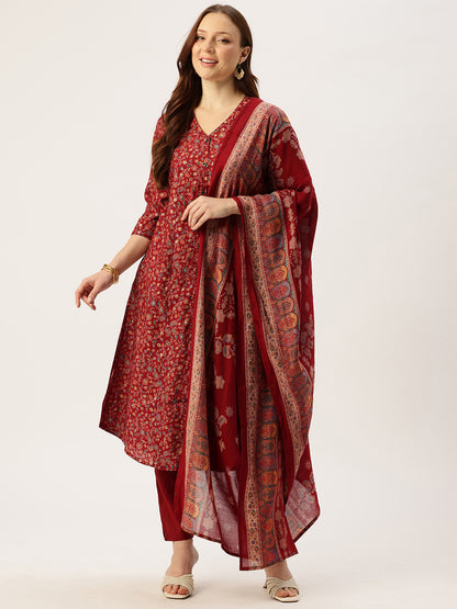 Maroon V-Neck Floral Printed Kurta & Trousers With Dupatta, Maroon, V Neck, Kurta Dupatta Set, Printed Kurta Dupatta Set