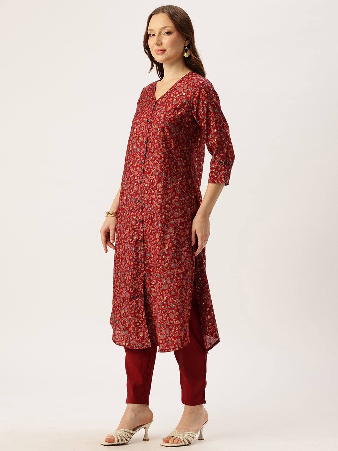 Maroon V-Neck Floral Printed Kurta & Trousers With Dupatta