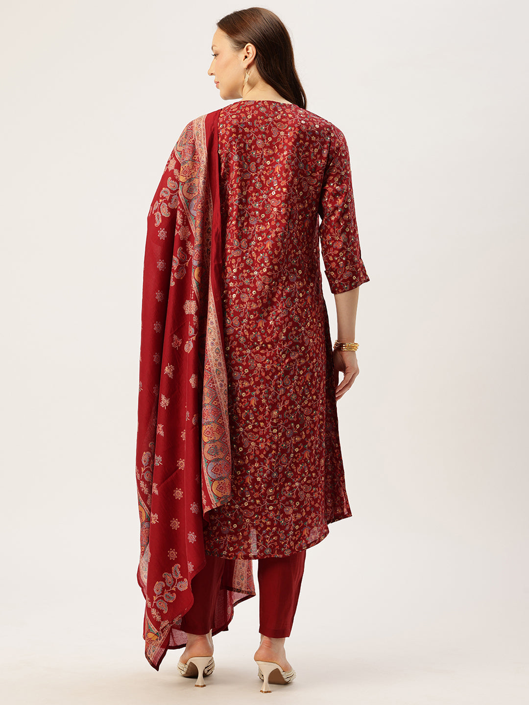 Maroon V-Neck Floral Printed Kurta & Trousers With Dupatta