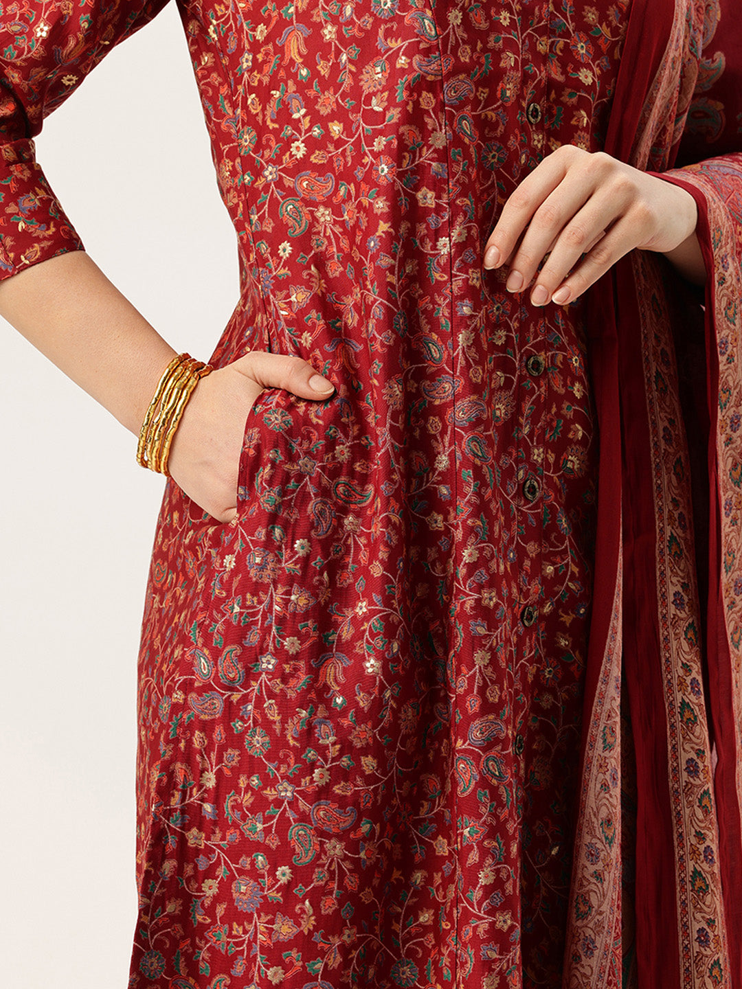 Maroon V-Neck Floral Printed Kurta & Trousers With Dupatta, Maroon, V Neck, Kurta Dupatta Set, Printed Kurta Dupatta Set