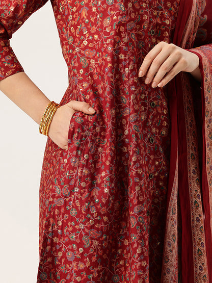 Maroon V-Neck Floral Printed Kurta & Trousers With Dupatta, Maroon, V Neck, Kurta Dupatta Set, Printed Kurta Dupatta Set