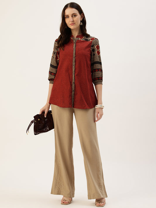 Rust Striped Printed Mandarin Collar Tunic