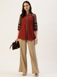 Rust Striped Printed Mandarin Collar Tunic