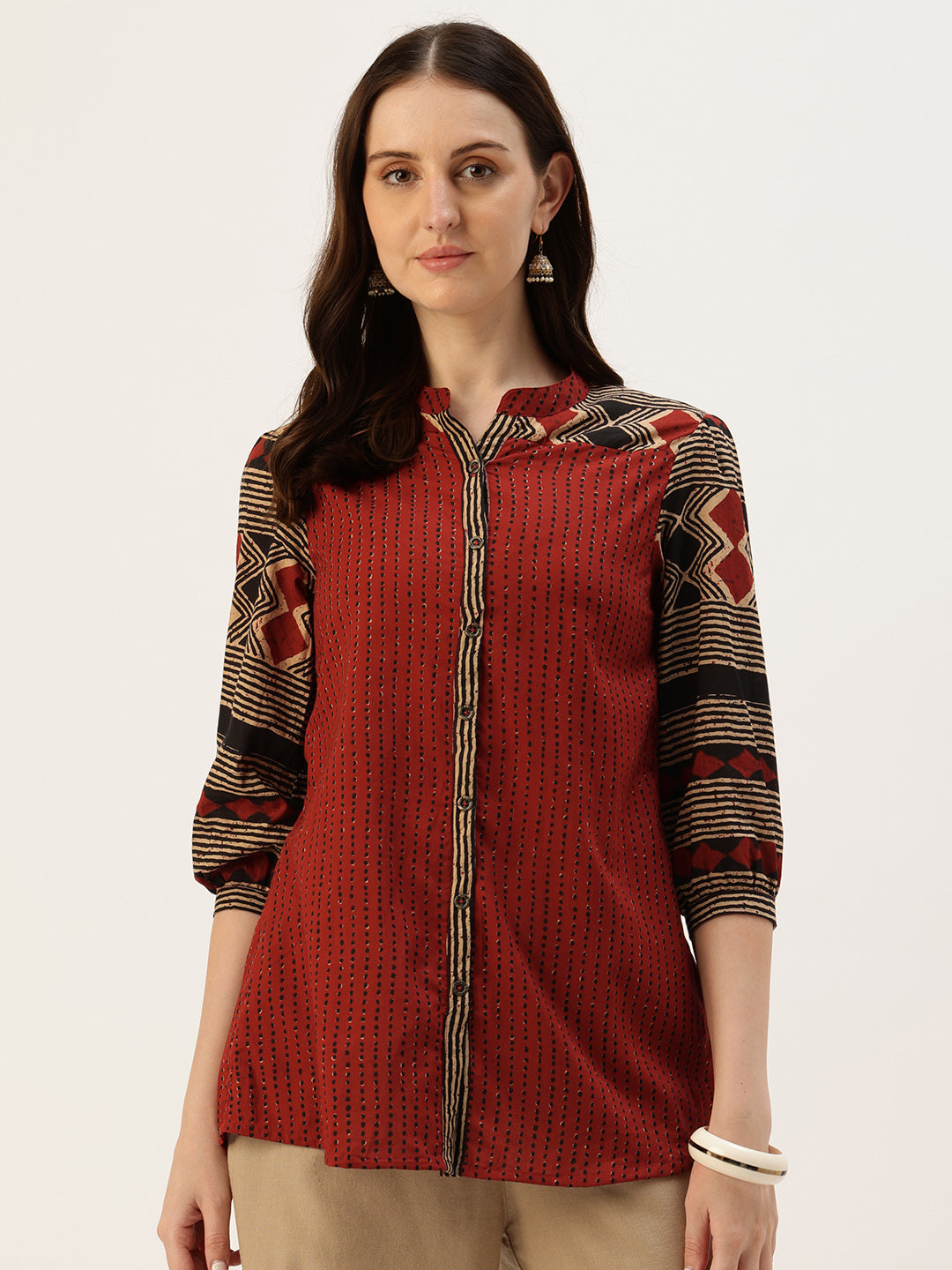 Rust Striped Printed Mandarin Collar Tunic