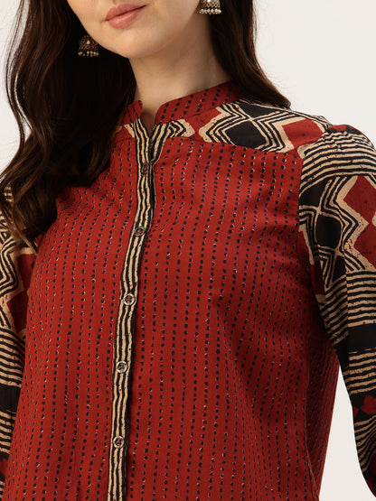 Rust Striped Printed Mandarin Collar Tunic
