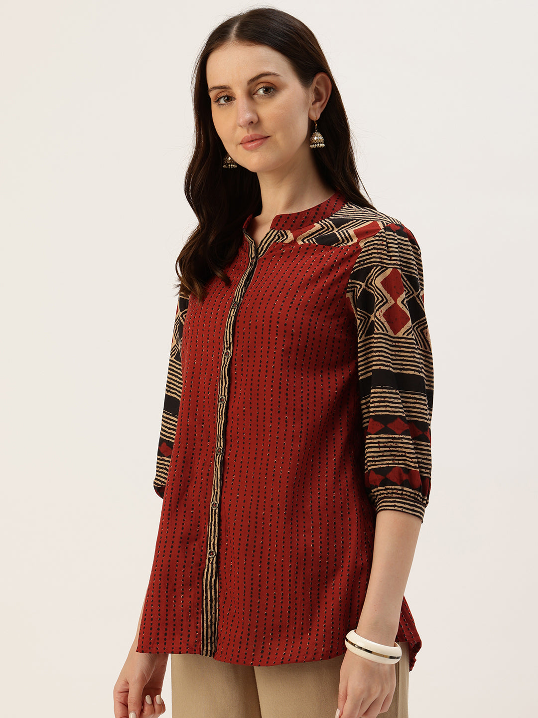 Rust Striped Printed Mandarin Collar Tunic