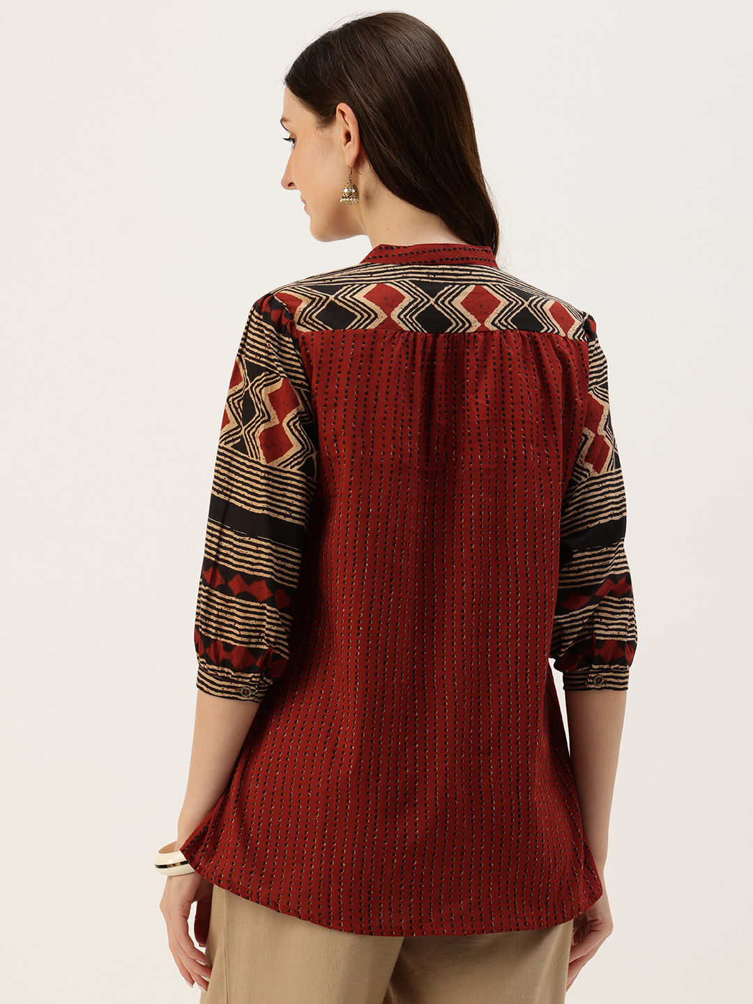 Rust Striped Printed Mandarin Collar Tunic