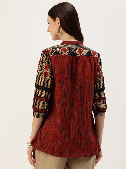Rust Striped Printed Mandarin Collar Tunic